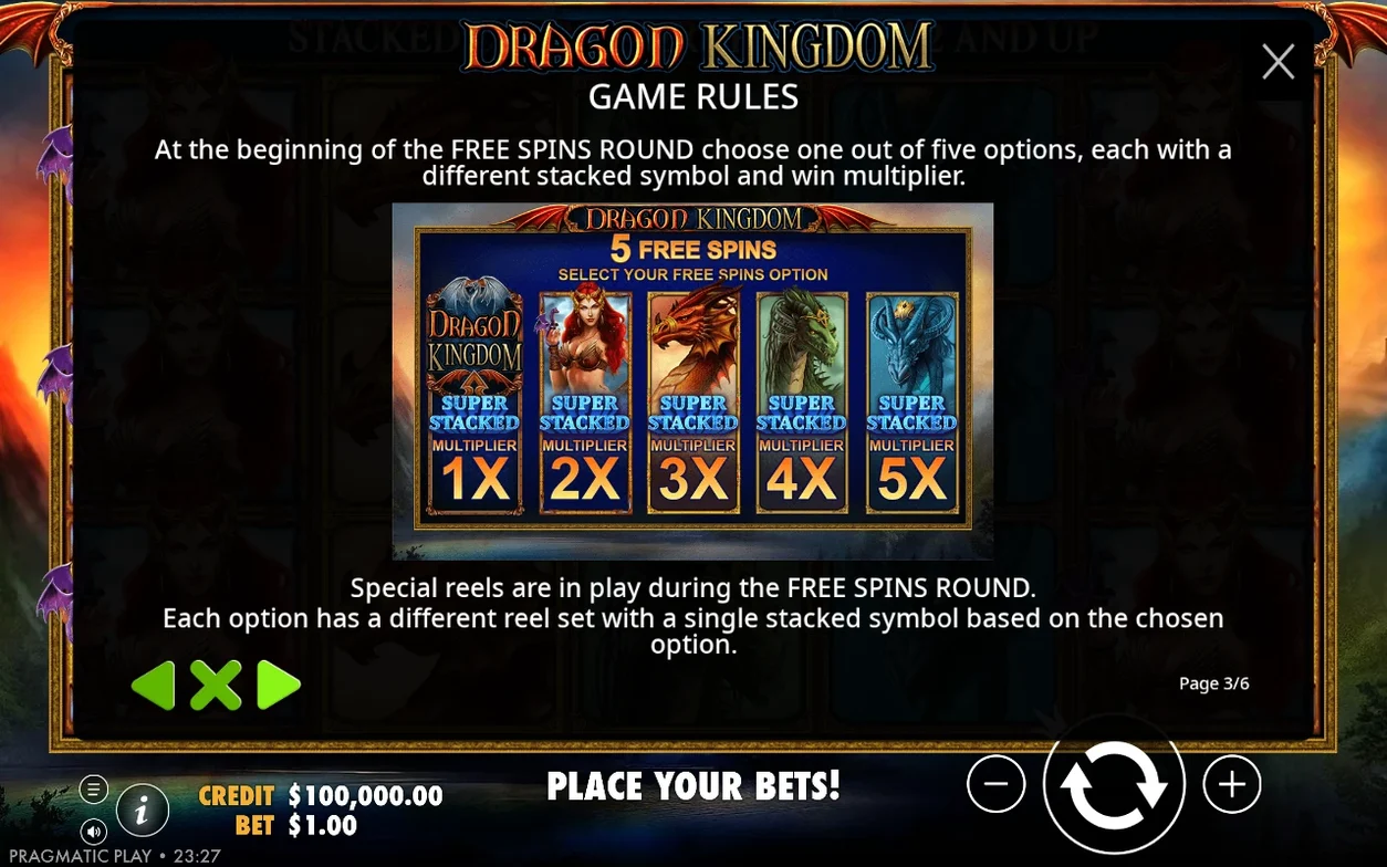 Free spins selection panel with five stacked symbol cards showing multipliers from 1x to 5x