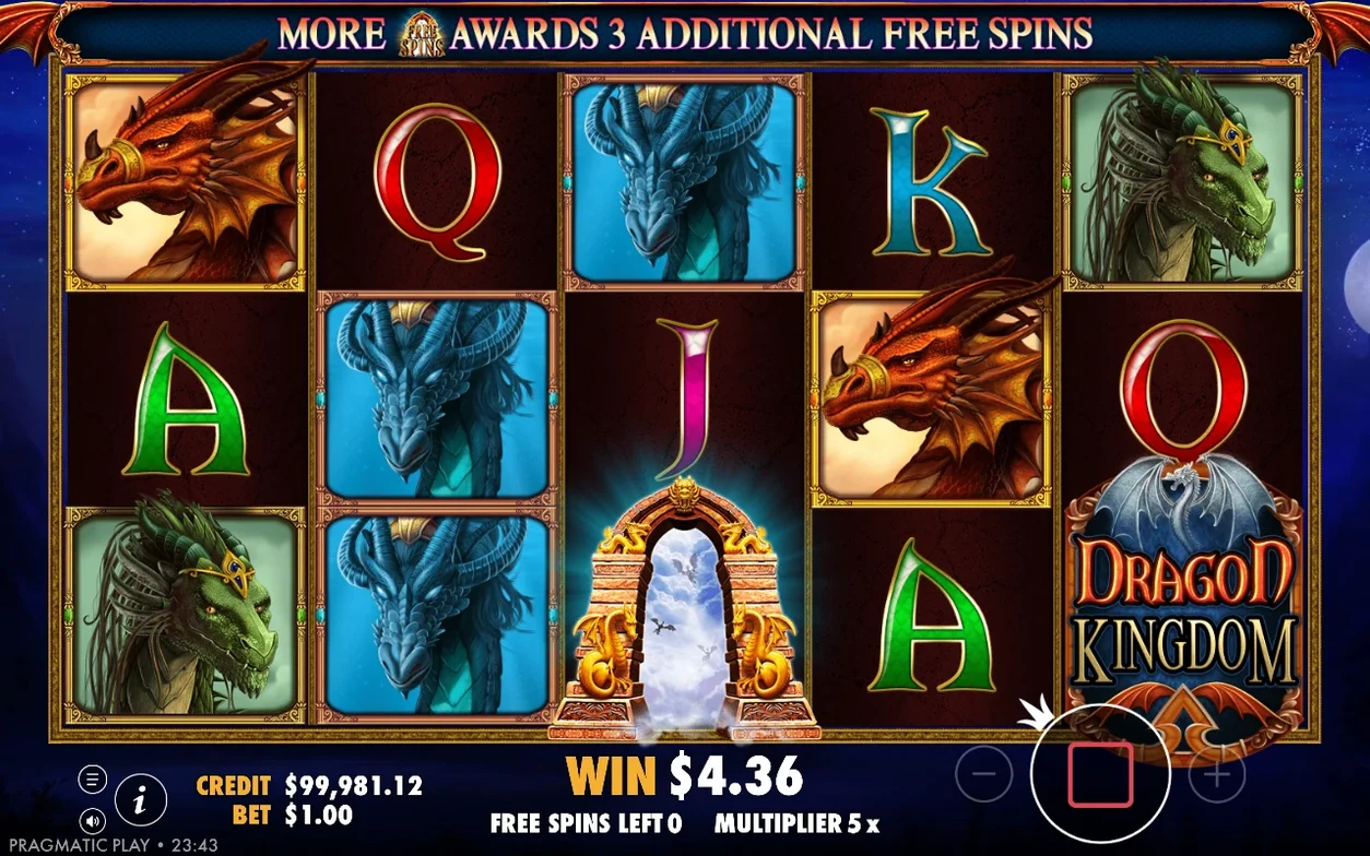 Win screen with Q, J, A letters and dragon heads, arch scatter centre, win $4.36, multiplier 5x