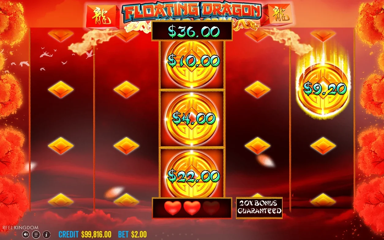 Écran Hold & Spin : total 36,00 $, pièces à 10,00 $, 4,00 $, 22,00 $, diamant 9,20 $, 2 cœurs allumés.