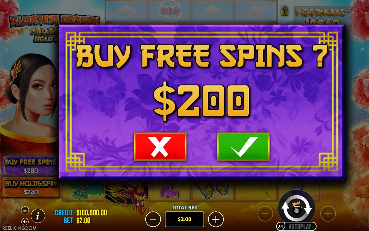 Popup « Acheter des Free Spins ? » à $200, boutons rouge X et vert coche.