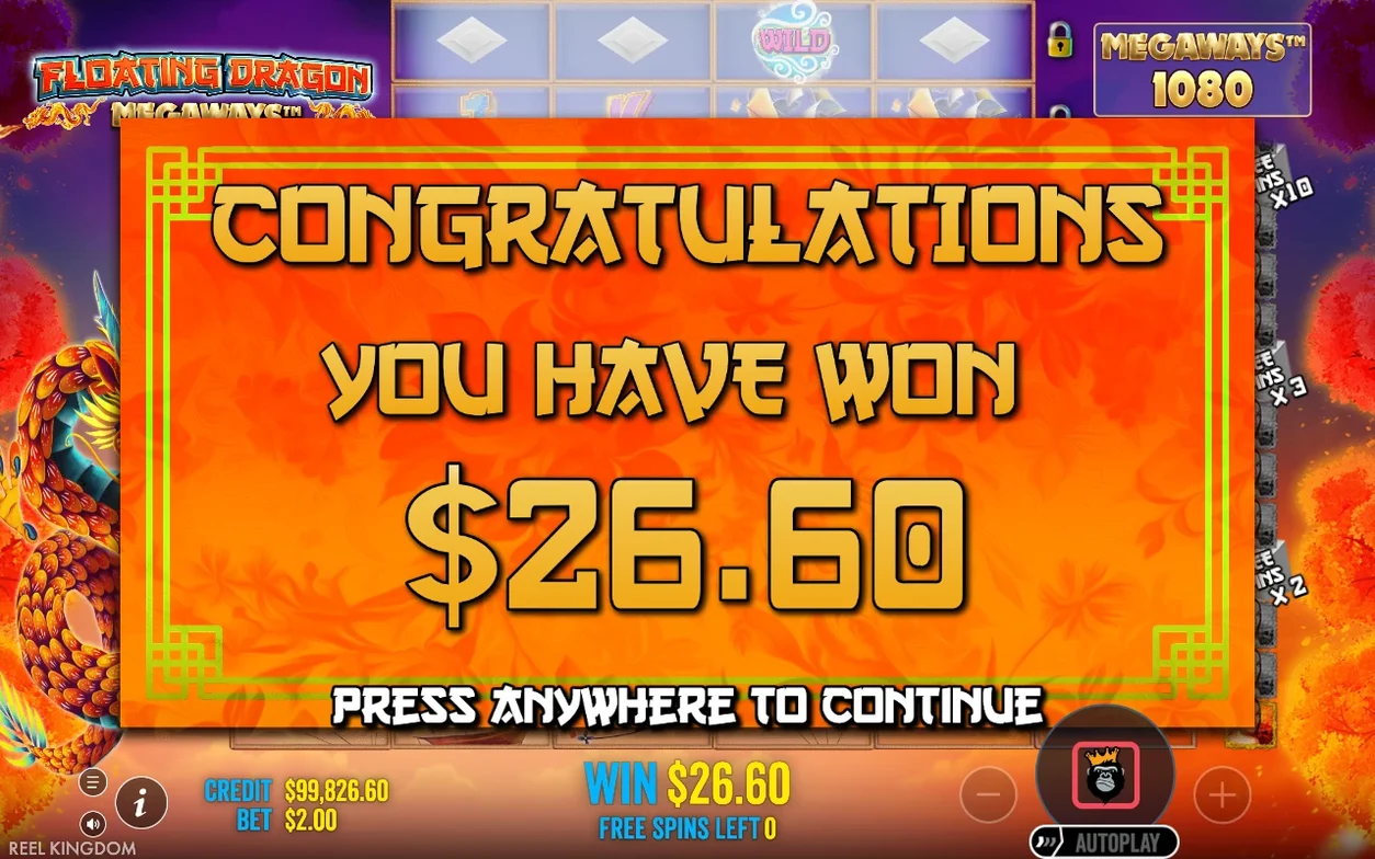 Écran de gain « Congratulations » affichant $26,60 pendant les Free Spins.