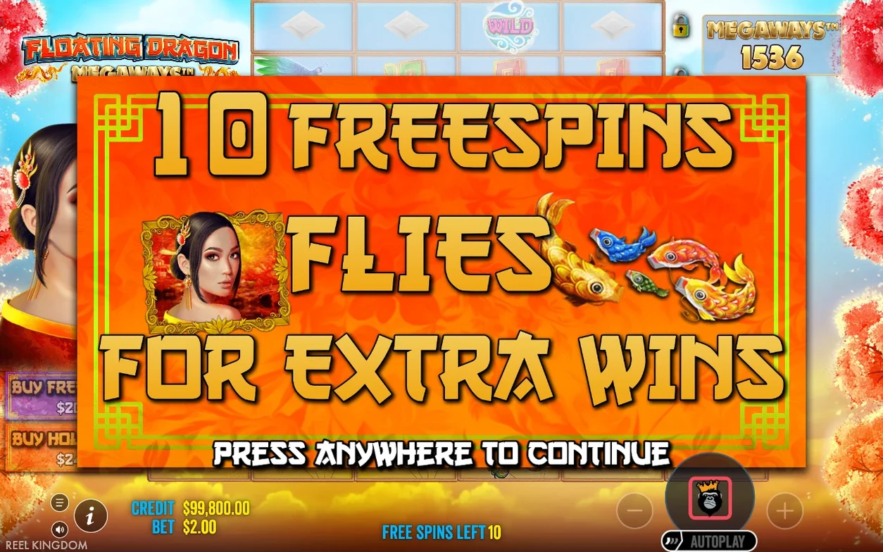 Annonce « 10 Freespins » avec portrait de la Dame et poissons, avant les tours gratuits.