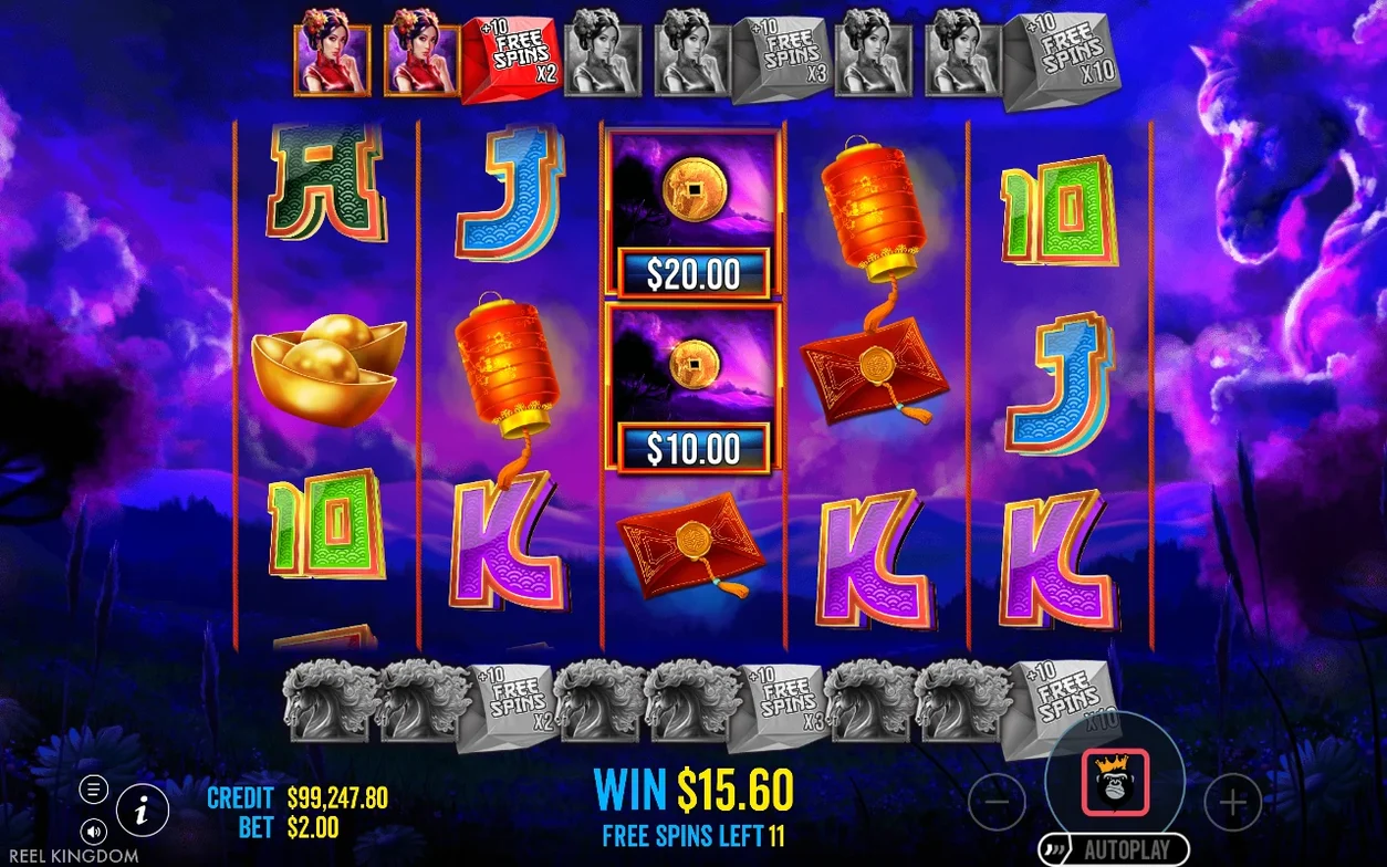Free spins en cours : gain de 15,60 $, 11 tours restants, compteurs Wild actifs.