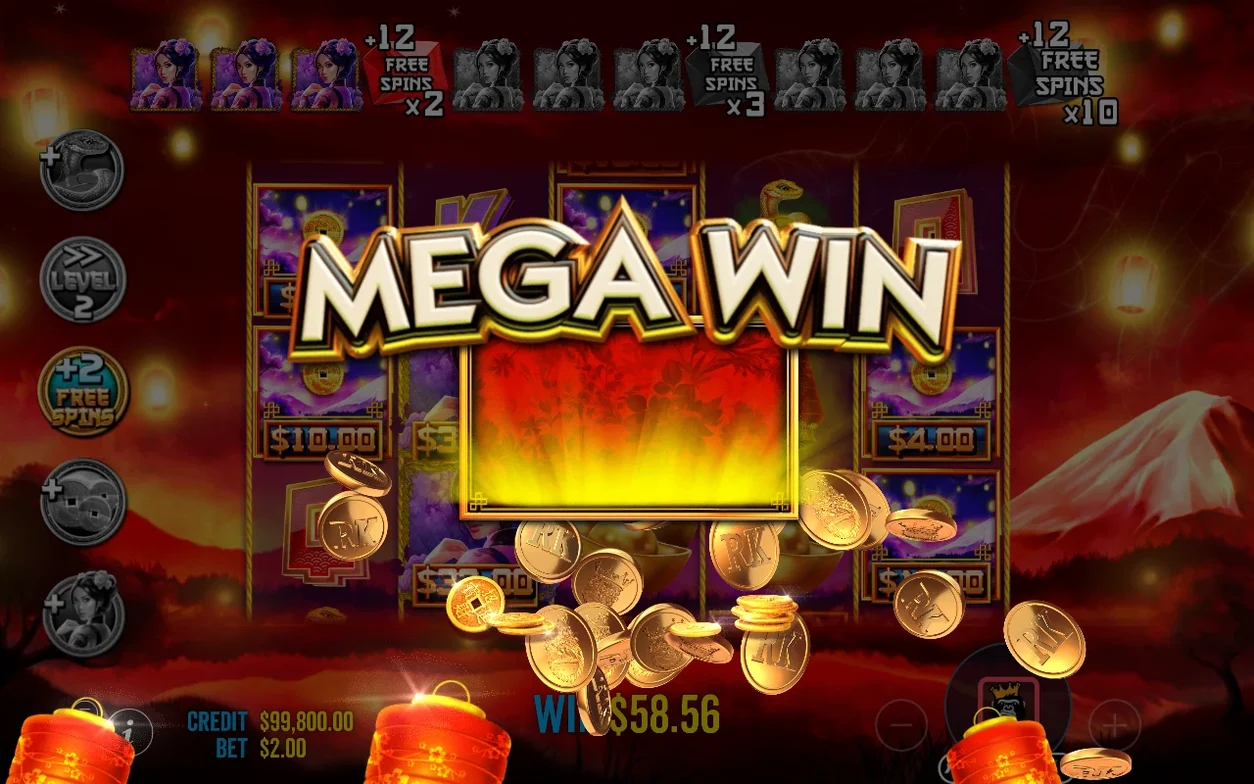 Écran Mega Win avec pièces d'or tombantes et gain de 58,56 $ en free spins