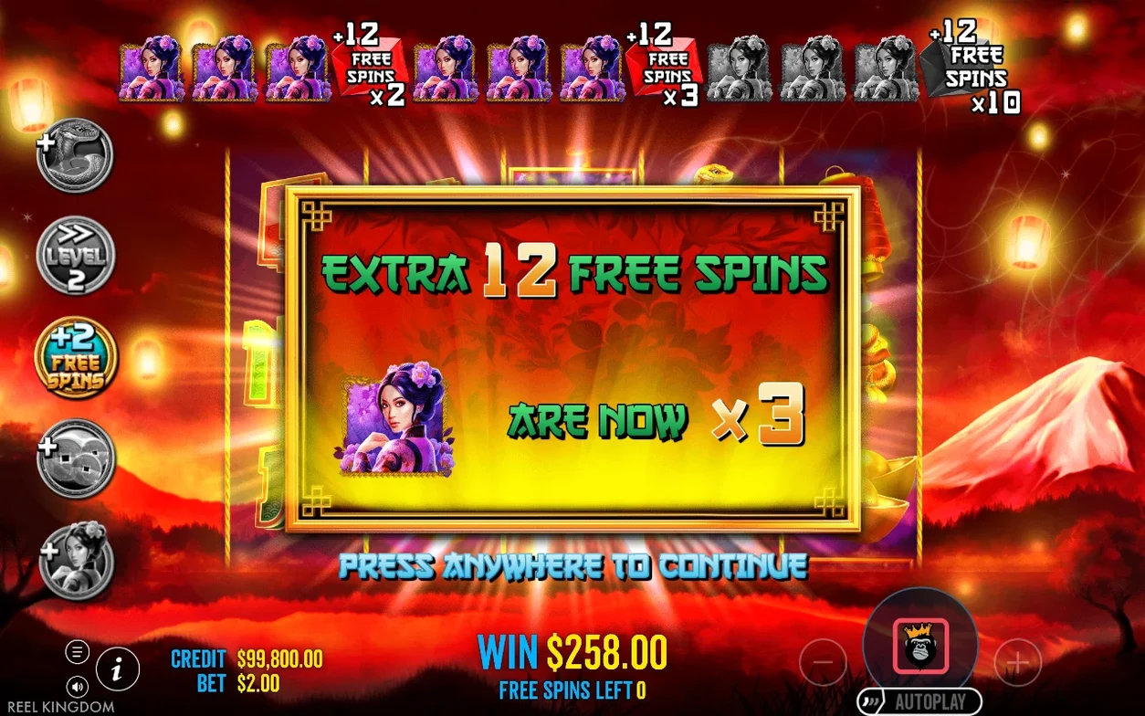 Pop-up annonçant Extra 12 Free Spins, multiplicateur relevé à x3, gain de 258,00 $